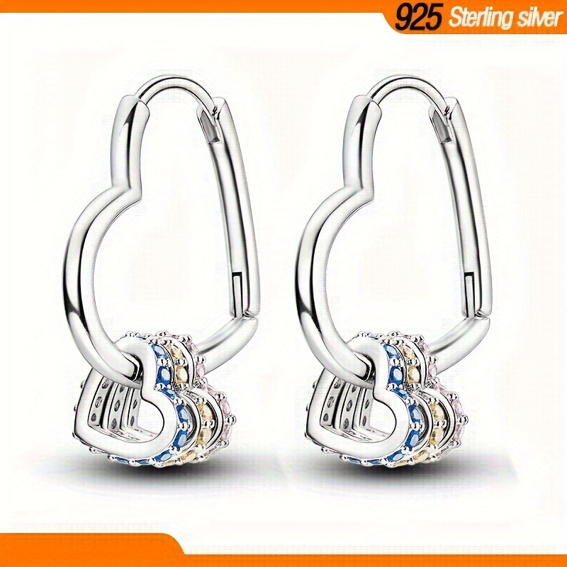 

Original 925 Sterling Silver Hypoallergenic High Quality 18k White Gold Plated Heart Color Zirconia Pavé Set 3 Rings Women's Hoop Earrings 6g