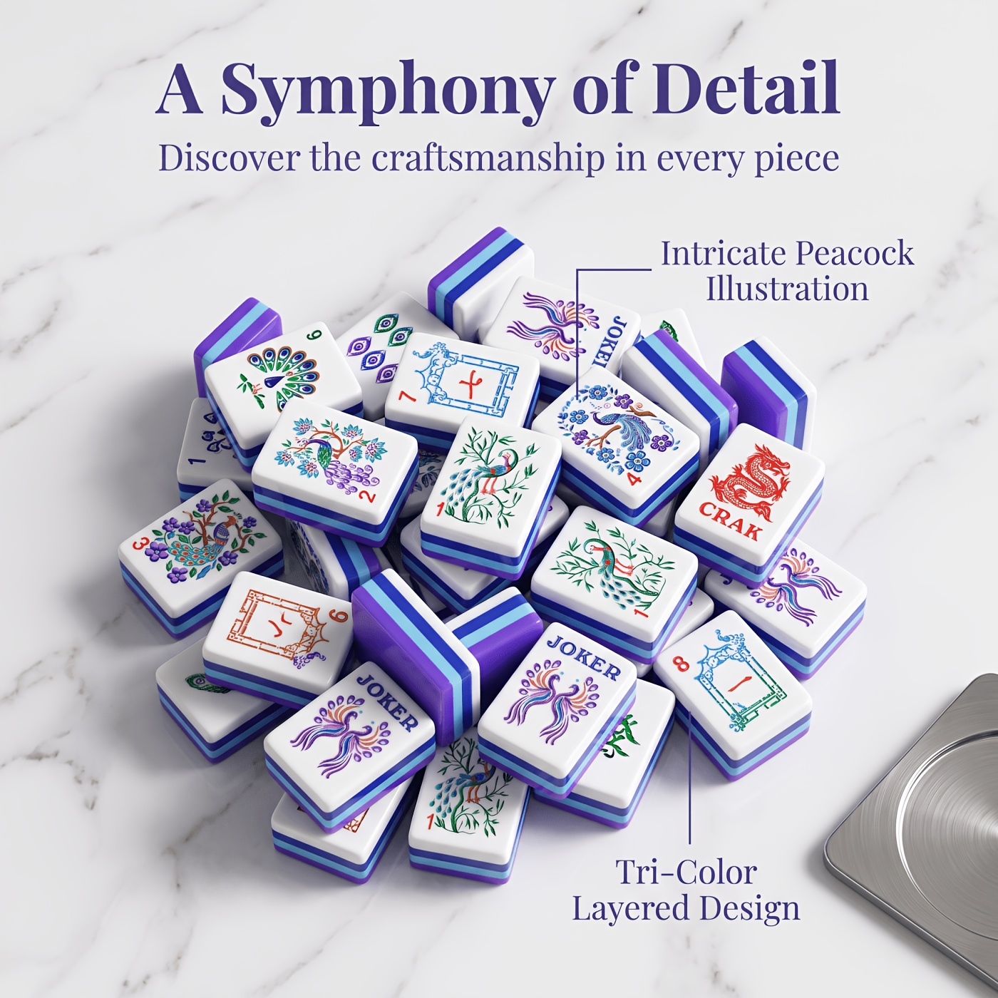 TEMU Luxury Purple Blue Color Block American Mahjong Tile Set, Glossy Smooth Rounded Corners, Laser Engraved Peacock Floral Dragon Blocks, Gift Ready