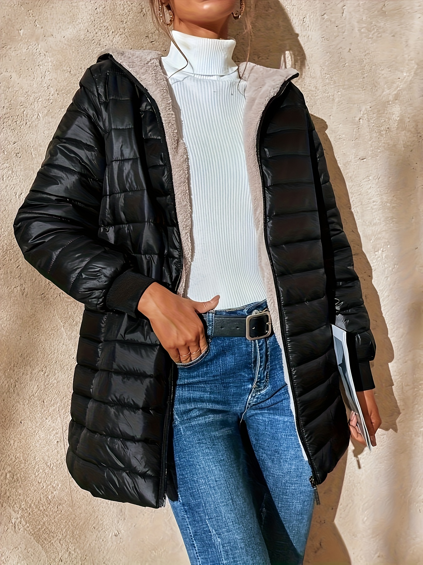 Chaqueta acolchada para mujer con capucha de peluche, estilo casual, holgada, manga larga, cierre de cremallera, tela sin estirar, abrigo de invierno | Estilo casual | Chaqueta con cremallera