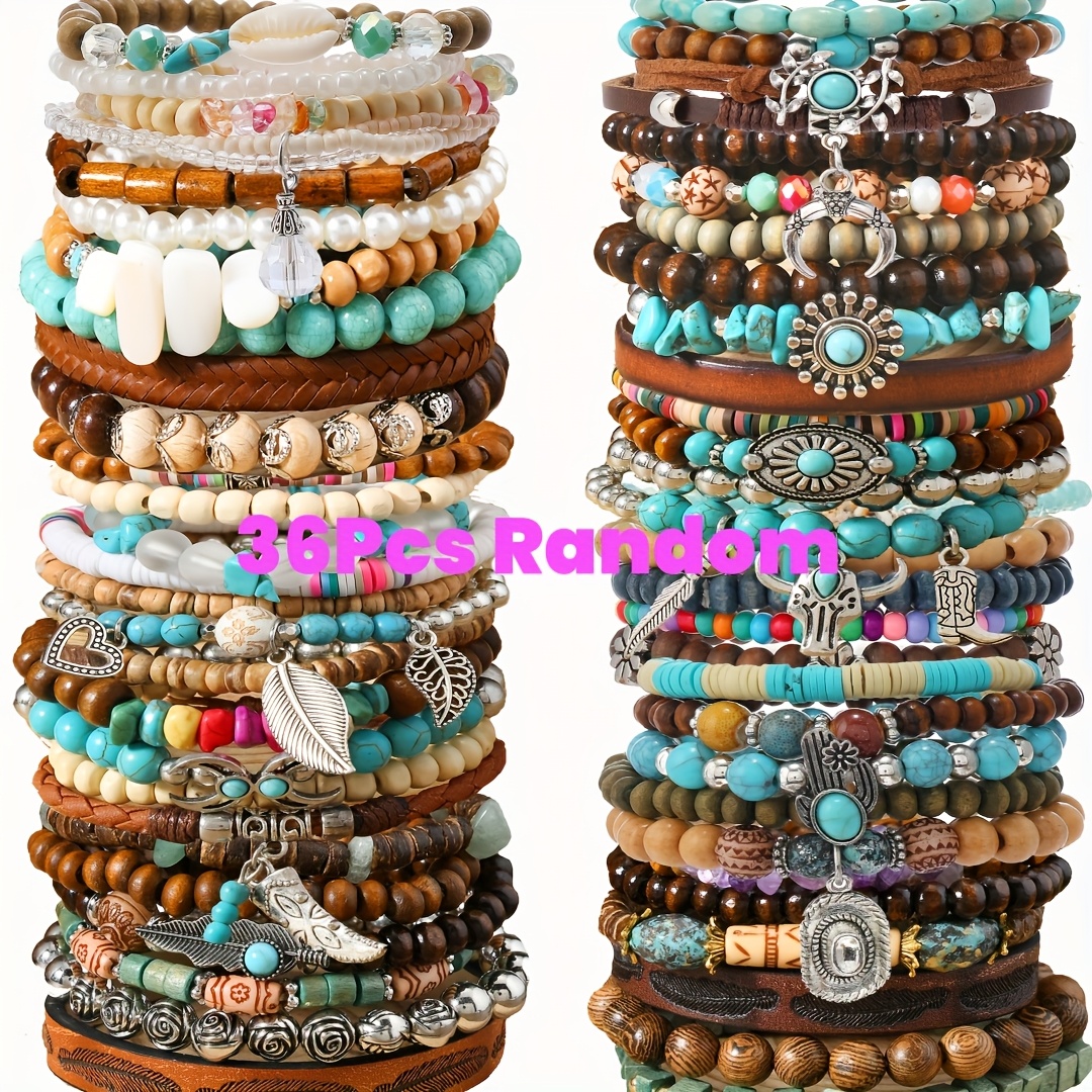 TEMU 10/36/46pcs Fashionable Wooden Bead Bracelet Set, Handcrafted Stretch Jewelry With & Leaf & Heart & Charm, Suitable For Women And Girls Outdoor Wear Gift Set Hand Decoration