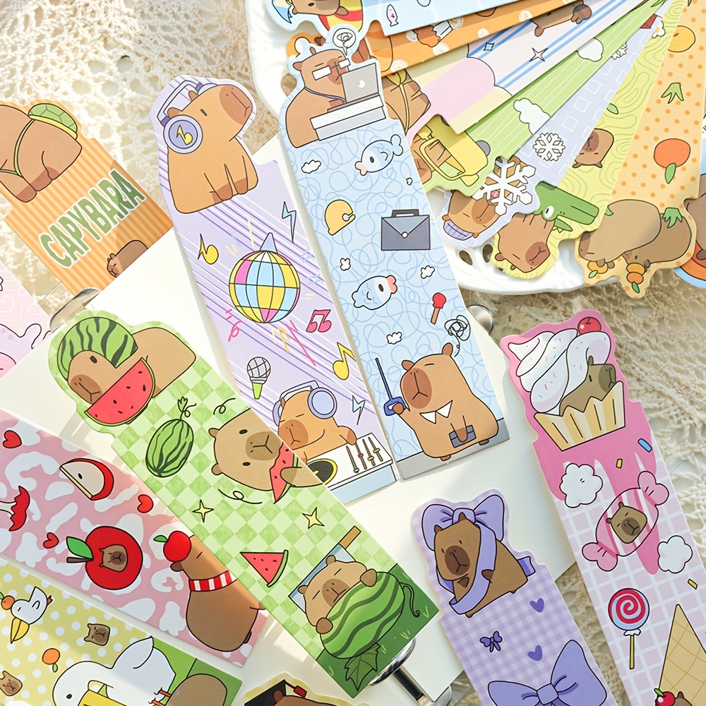 E-shop 30 Stück Niedliche Capybara-Lesezeichenkarten - in Pastellfarben, mit Partyhüten, Kopfhörern & Lebensmittel-Motiven - für Buchliebhaber,