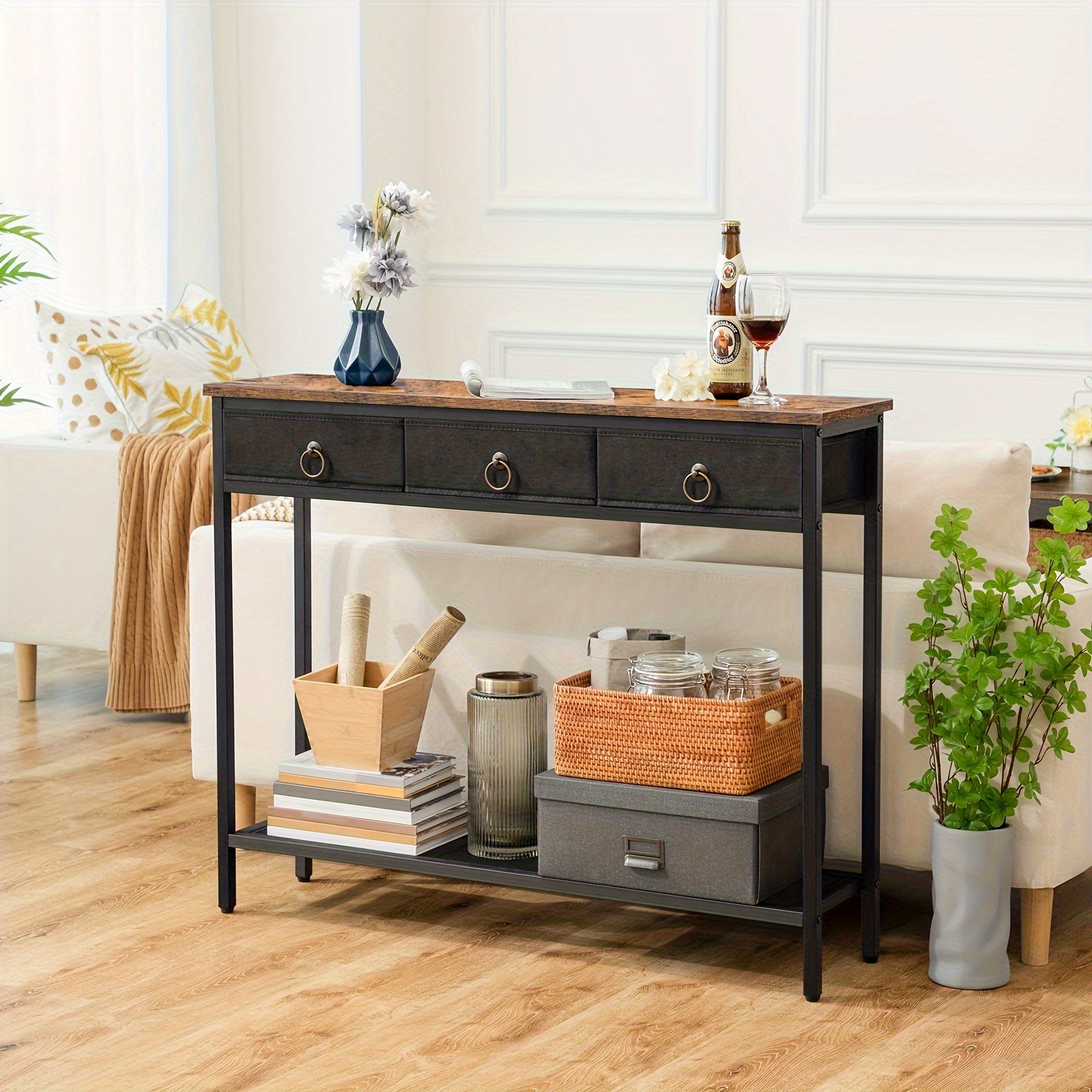 Console Table With 3 Fabric Drawers, Industrial Style Entryway Table With Storage Space, Narrow Sofa Table Suitable For Living Room, Entrance, Hallway, Sofa, , Rustic Brown And Black