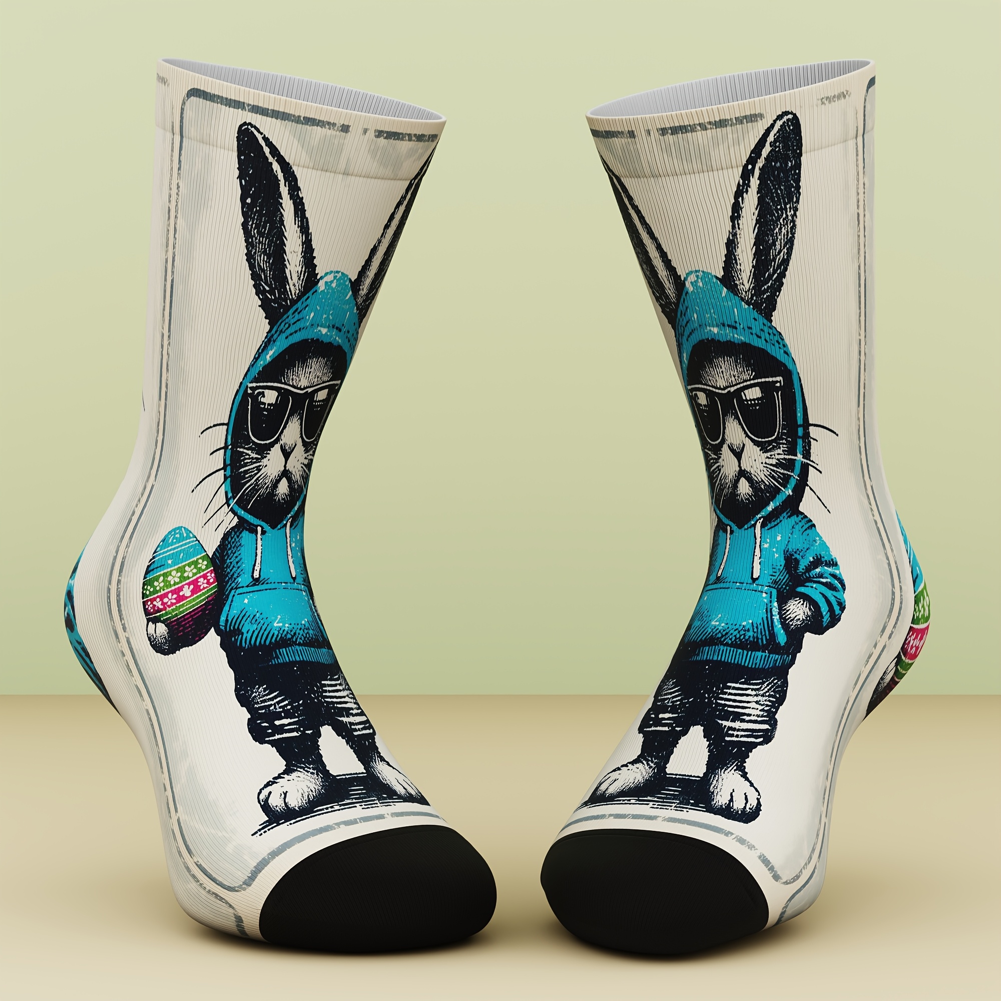 E-shop Ein Paar Unisex-Socken im Ostern-Design mit einem trendigen Hase, der ein -Ei hält; lustig und , geeignet für Outdoor-Sportarten, bequem und