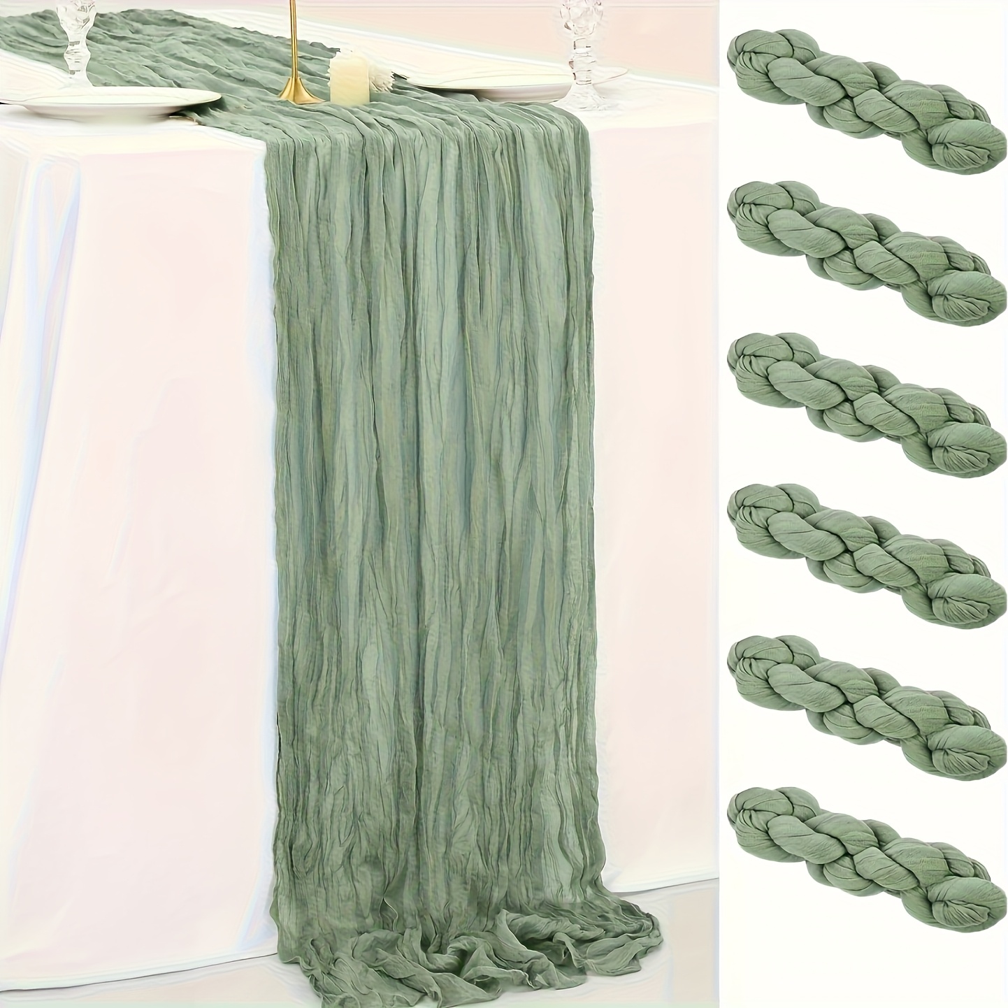 Image of A Pack Of 6 Bohemian-style Cheesecloth Table Runners - Vintage Grass Green, Suitable For Weddings, Bridal Showers, And Birthday Parties