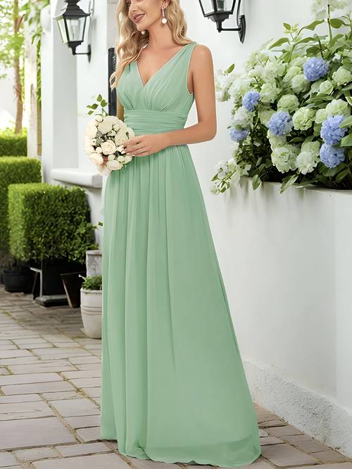 franse elegante v-hals mouwloze lange jurk met taillebundel en plooien voor een volle look, trouw bruidsmeisjesjurk, avond elegante galajurk
