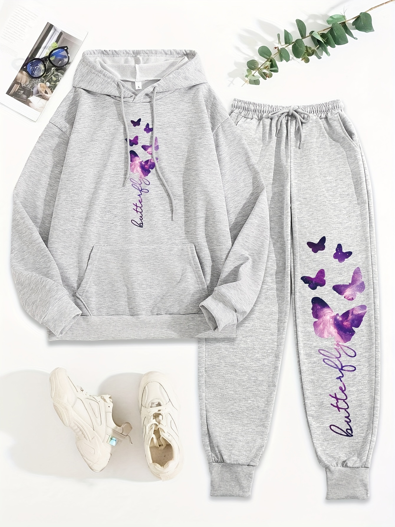 womens cozy gray   print hoodie sweatpants set casual long sleeve pullover with pockets   fall winter comfortable clothing   print hoodie pocketed hoodie