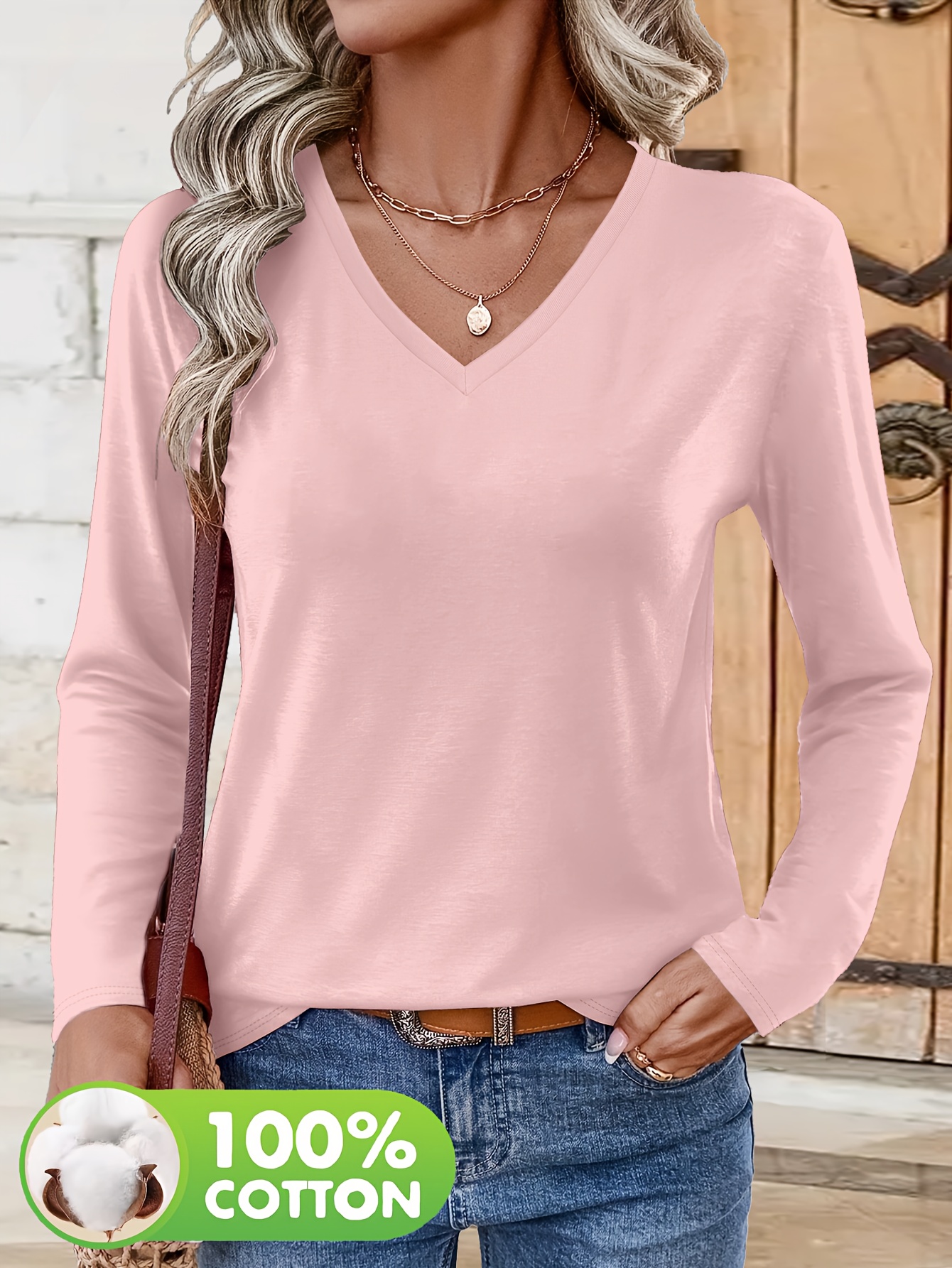 womens soft pink v neck long sleeve t shirt everyday special