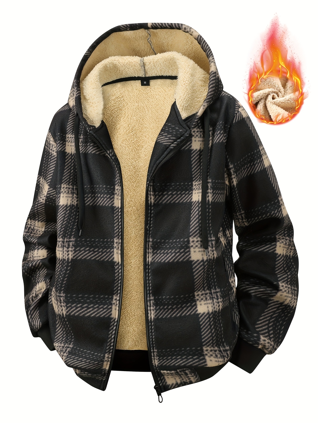 Men'S Autumn Winter New Plaid Fleece Lined Thick Warm Zip-Up Cardigan with Zipper Pockets And Hooded Jacket