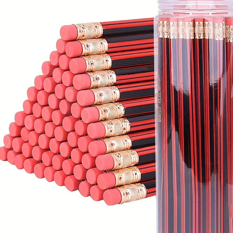 

50pcs Hb Wood Pencils With Eraser, Classic Red And Black Hexagonal Design, Durable Sketching And Writing Pens For Students And Office Use, Kawaii Stationery Supplies