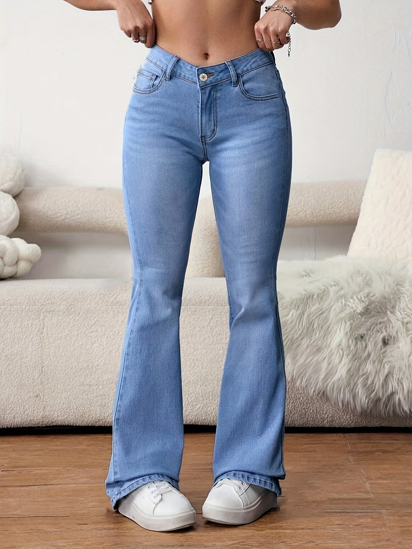 Light Washed Blue Flare Leg Jeans, High Stretch High Waist Elegant Bootcut Jeans, Women's Jeans And Clothing