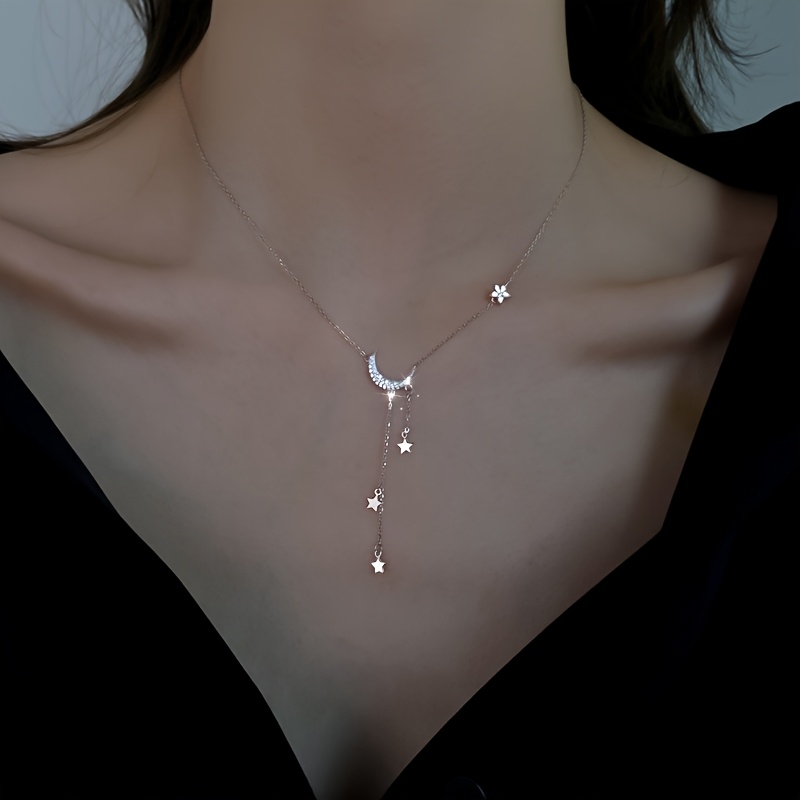 TEMU Sparkling Moon Star Tassel Pendant Necklace For Women, Light Luxury Elegant Exquisite Clavicle Chain Daily Wear, Valentine's Day Gift For Her