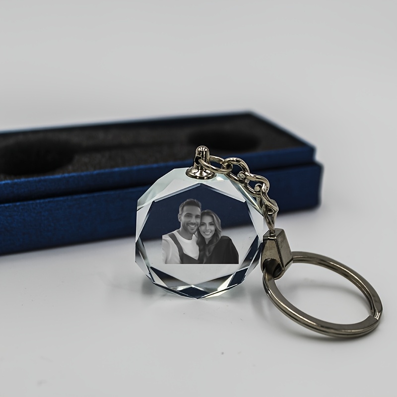 Image of 1pc Crystal Glass Octagonal Keychain Laser Engraved Photo Custom Portrait Pet Picture Diy Souvenir Family Gift Friend Holiday Pendant Custom Keychain Couple Gift