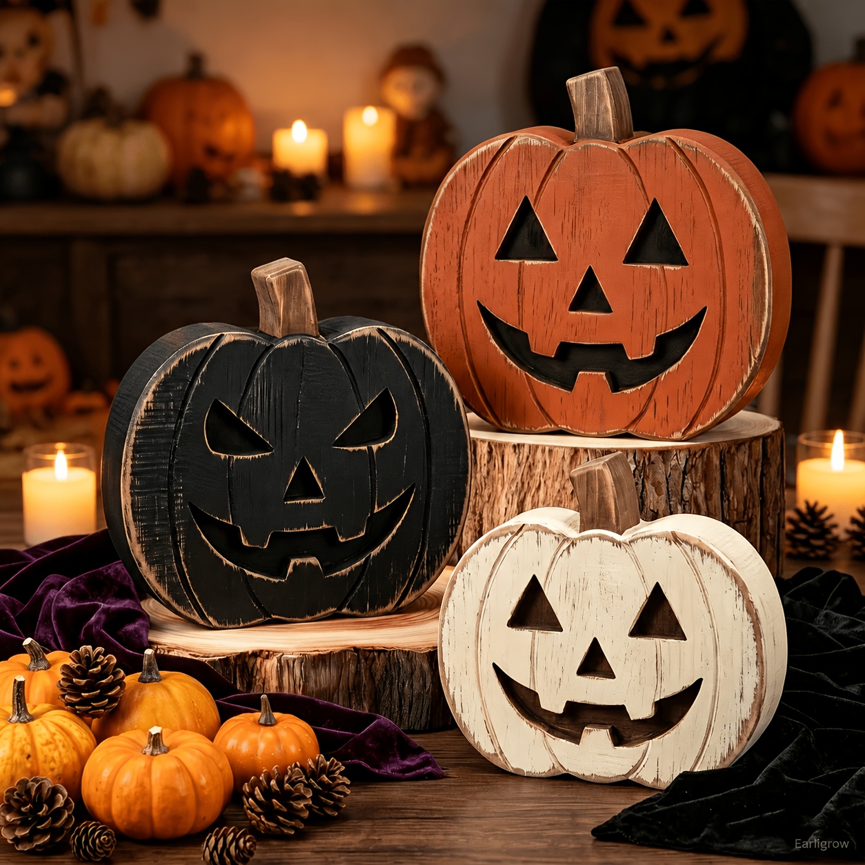 TEMU Rustic Farmhouse Tray Centerpiece With Wooden Pumpkin Ornaments - Artificial Wood Table Decor Suitable For Halloween, Fall Table Centerpieces,