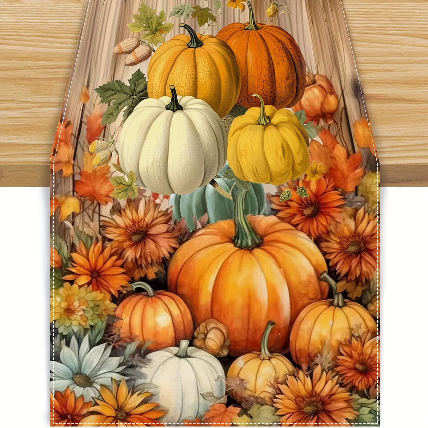 

Charming Fall Table Runner - 13" X 72" Polyester With Wood Grain, Pumpkin & Maple Leaf Design For Thanksgiving And Farmhouse Decor