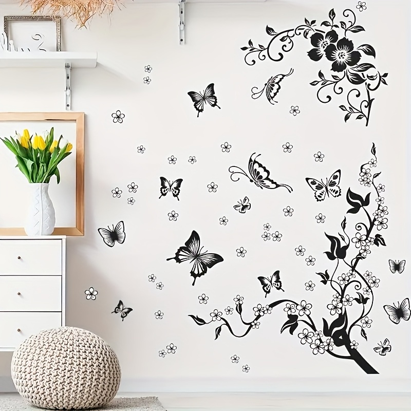 1pc Elegant Black And White Floral And Stickers, Black Flower Art Stickers, Suitable For Home Office Decoration, Bedroom, Living Room, Study