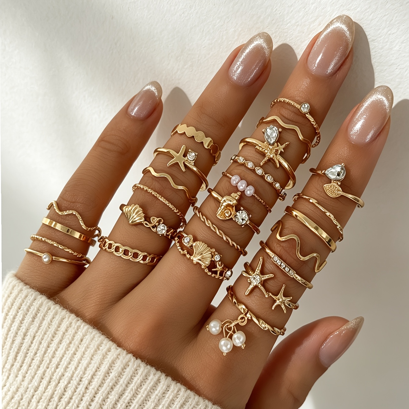 25pcs Set Alloy Iron Rhinestone Inlaid Stackable Set, Bohemian Style Simple Versatile Fashionable Geometric Wave Thin Hoop Artificial Starfish Conch Scallop Leaf Ring Set