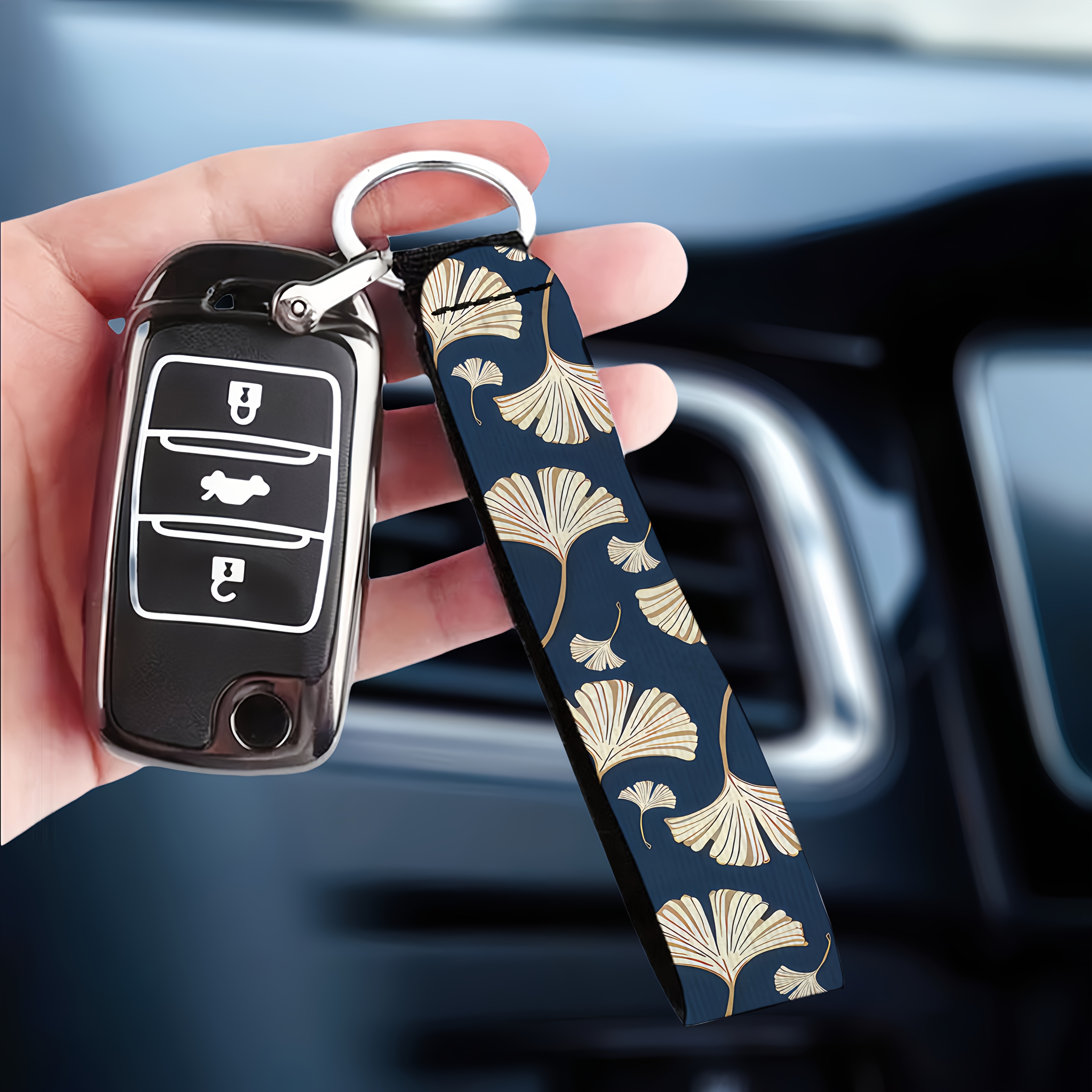 Image of 1 Ginkgo Leaf Pattern Car Keychain, Suitable For Cars, Cameras, Backpacks, Phones, And As A Multifunctional Wrist Strap For Women's Household Keys