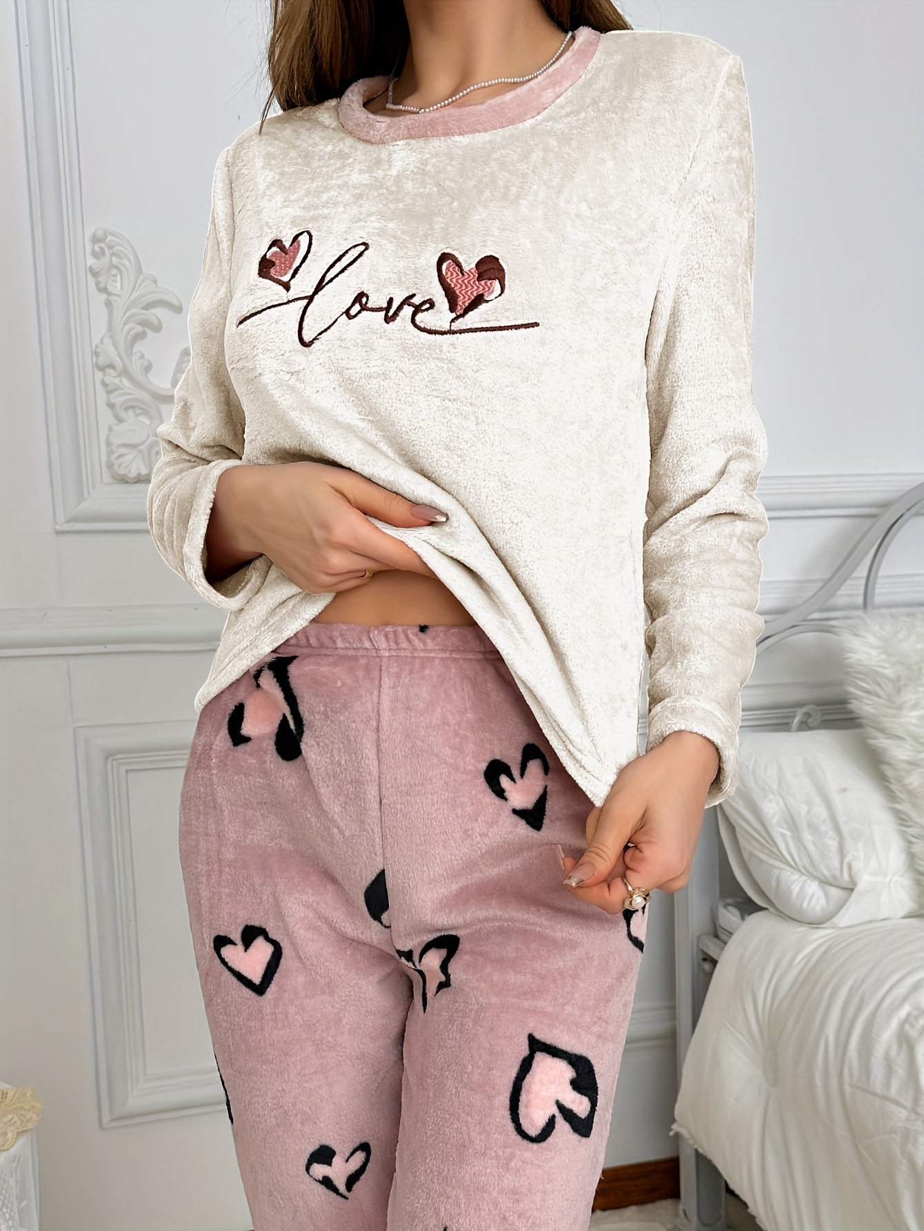 Coffee Letter Pattern Lounge Set, Casual & Comfy Short Sleeve Top & Elastic  Long Pants, Women's Sleepwear & Loungewear