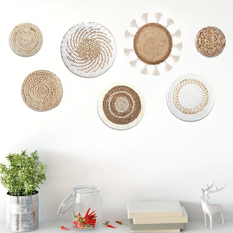 

7pcs Chic Handcrafted Rattan Wall Hanging Decor Set - Seagrass Wicker Art For Home, Farmhouse, Living Room, Bedroom, Kitchen - No Electricity Needed, Featherless