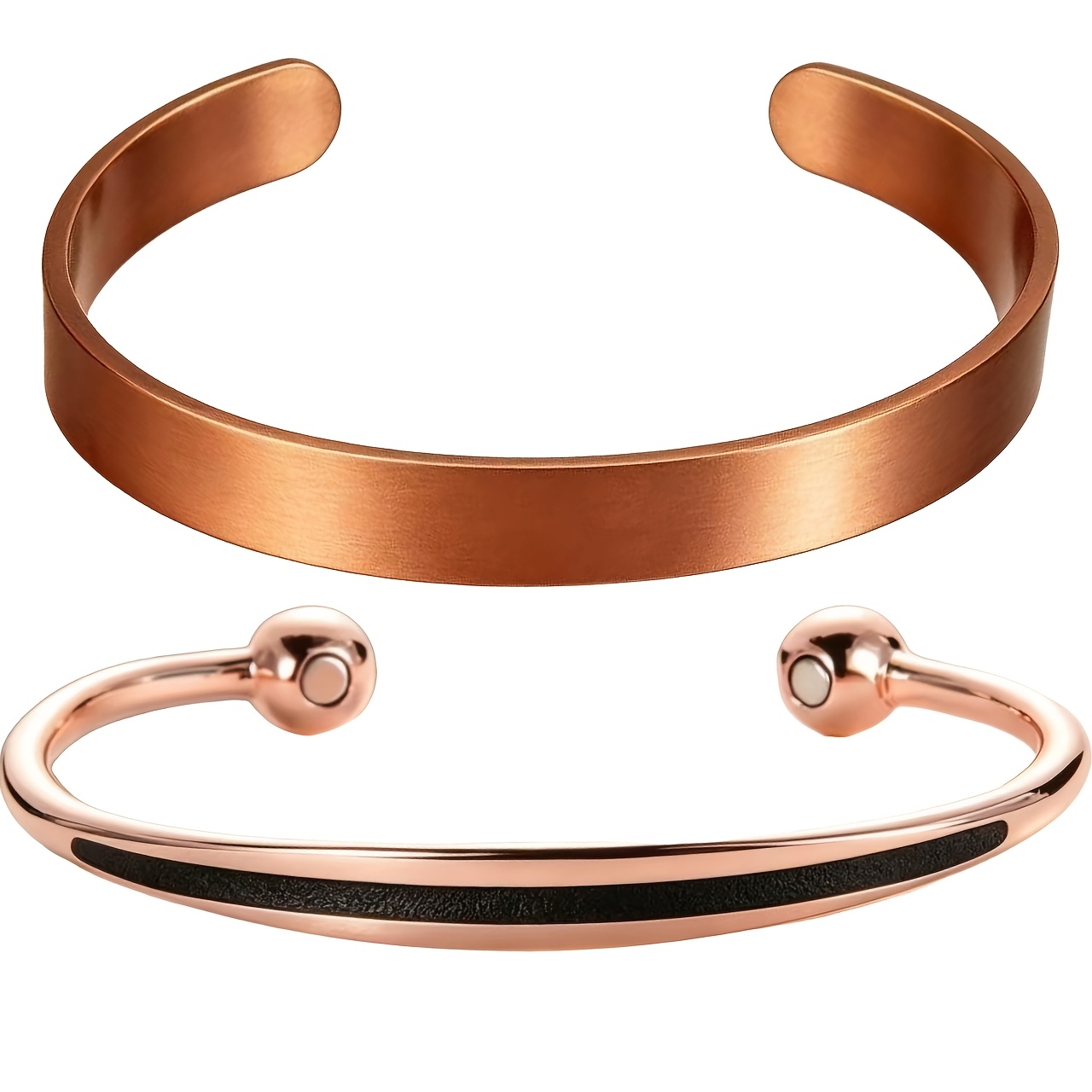 TEMU Ensemble de 2 bracelets magnétiques en cuivre pur pour femmes, bracelet en cuivre mat lisse et bracelet de poignet ajustable doré rose, bracelet