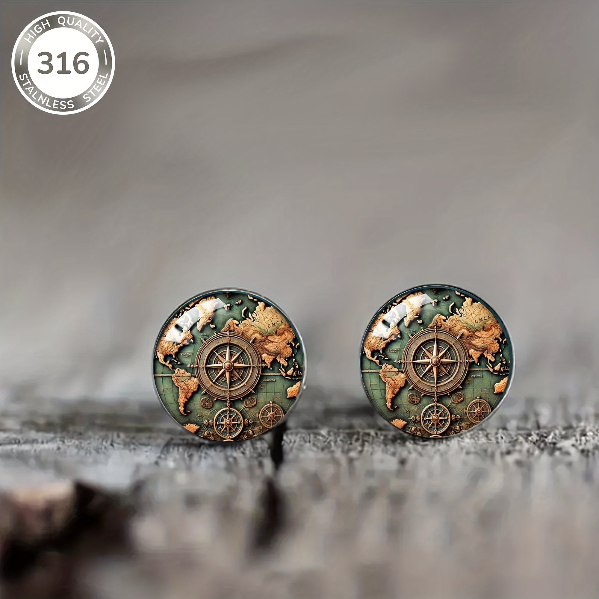 1pair Retro World Map Compass Pattern Steel Stud Earrings, Retro Bohemian Style Men's And Women' Holiday Wear Jewelry Earrings