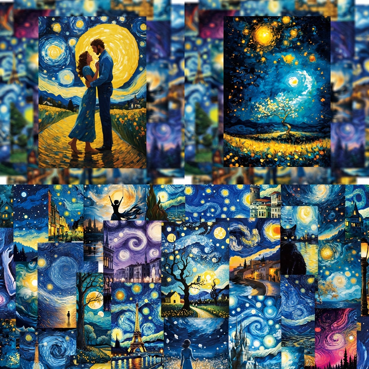 

50pcs Van Gogh Starry Night Inspired Stickers Set, Romantic Sky For Laptops, Phones, Notebooks, And Musical Instruments - Artistic Paper Labels & Stickers Collection