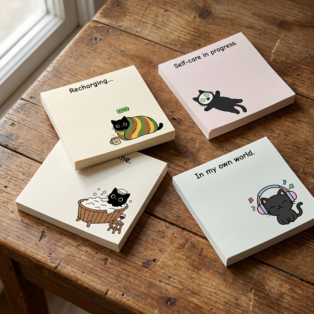 TEMU Set Of 4 Packs Of Sticky Notes Featuring A Black Cat, Each Containing 200 Sheets Sized 3x3 Inches. Adorable Memo Pads Are Perfect For Self-care,