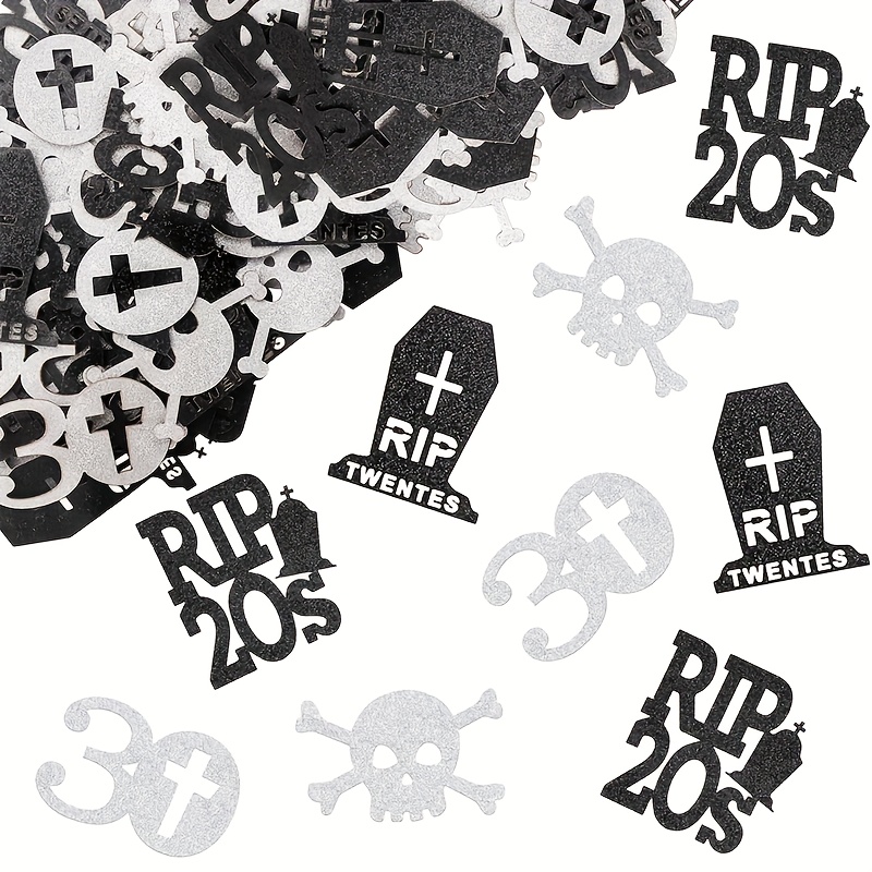 Image of 100pcs Of Confetti For 30th Birthday Celebrations, Featuring Rip 20s Design, Suitable For Men And Women, Perfect For Table Decor, In Black And Silver Colors, Commemorating The End Of The