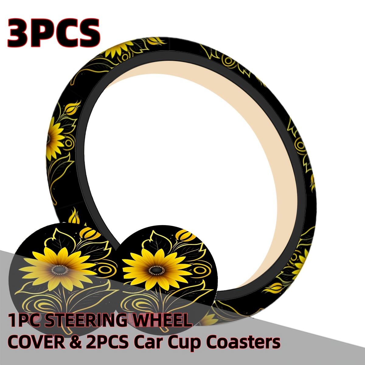 TEMU 3pcs/set Sunflower Car Interior Set, Floral Style, Auto Interior Kit W/1 Steering Wheel Cover And 2 Car Cup Coasters (cup Holder), No , Sturdy,