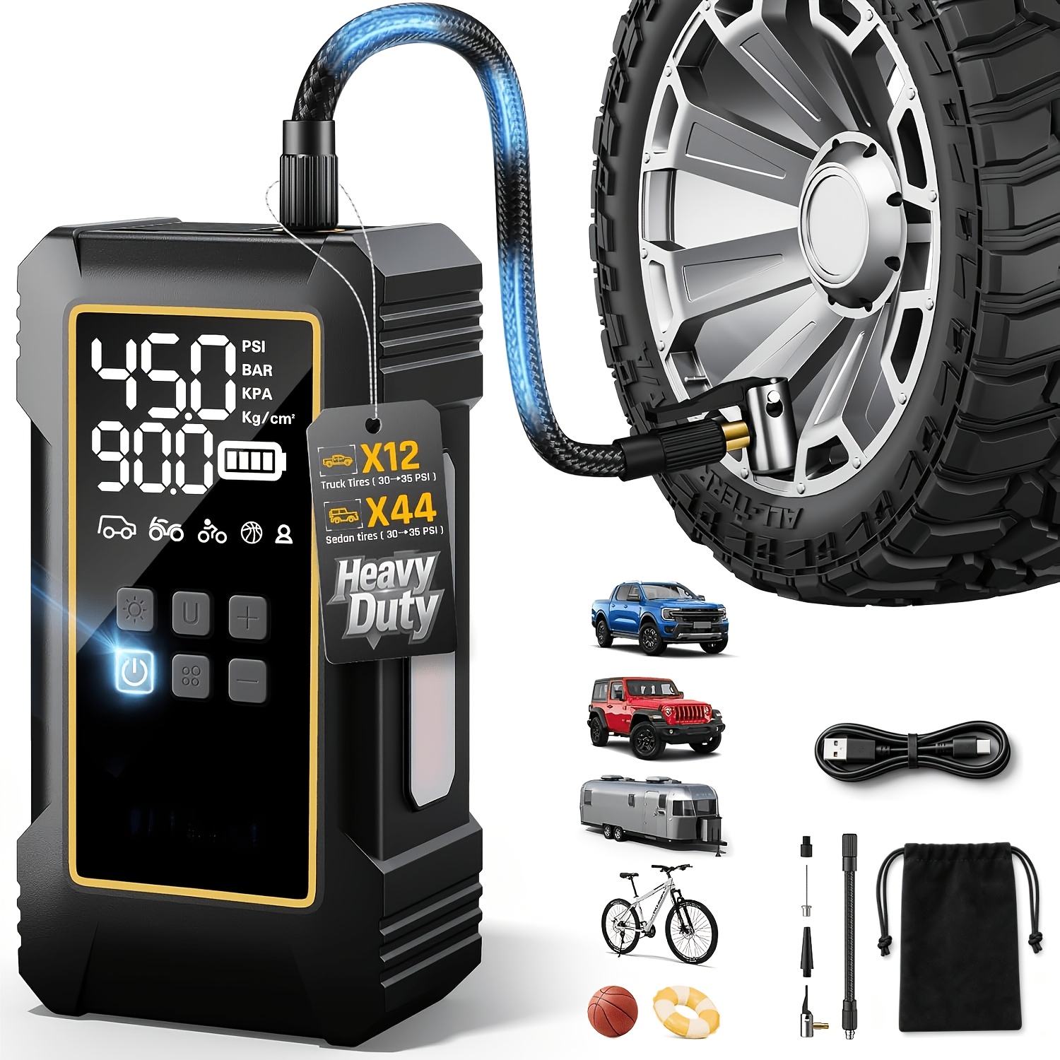 12000mah heavy duty tire inflator portable air compressor povverful 7x faster 150psi   12v cordless for car tires suvs rvs digital pressure gauge