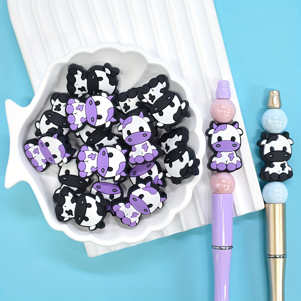 

10-piece Cute Cow Beads Set - Purple & Black, Plastic Animal Charms For Diy Jewelry, Keychains & Crafts
