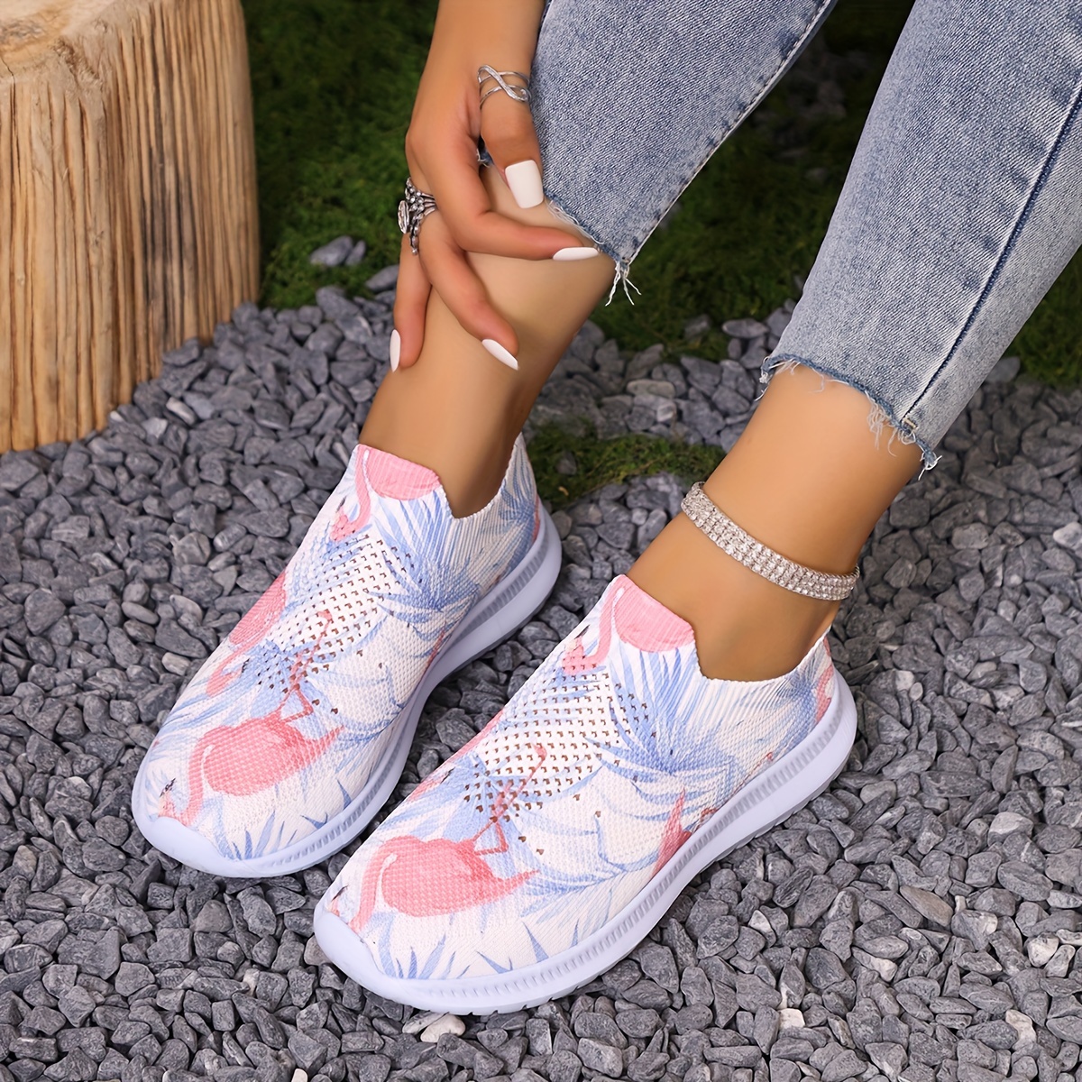 

Women's Breathable Flamingo Print Knit Sneakers, Fashion Casual Athletic Shoes, Comfortable Lightweight Slip-on, For Walking And Travel