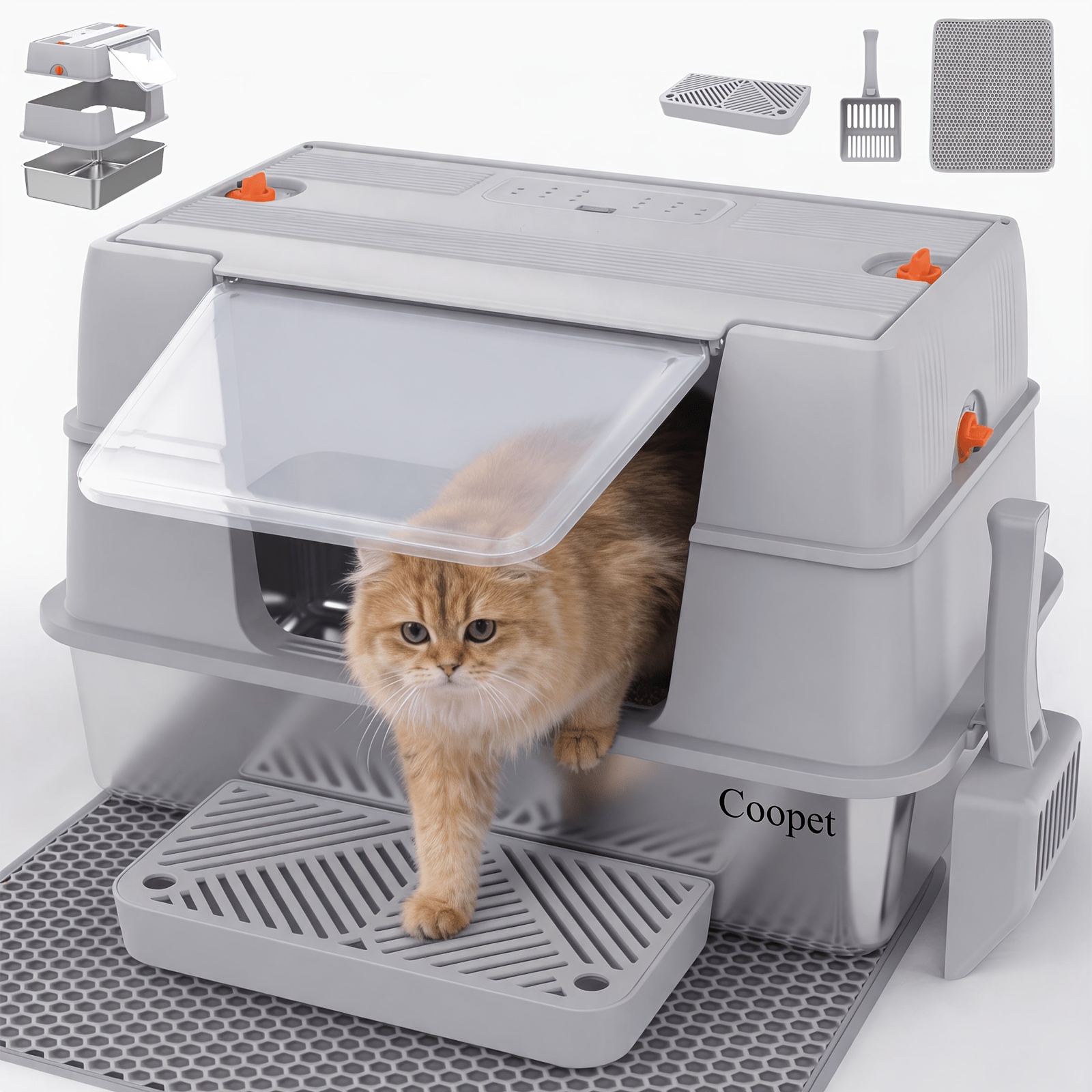 Image of Extra Large 20l Metal Cat Litter Box With Lid, Stainless Steel, Enclosed Side Entry, , Easy Clean With Scoop & Mat