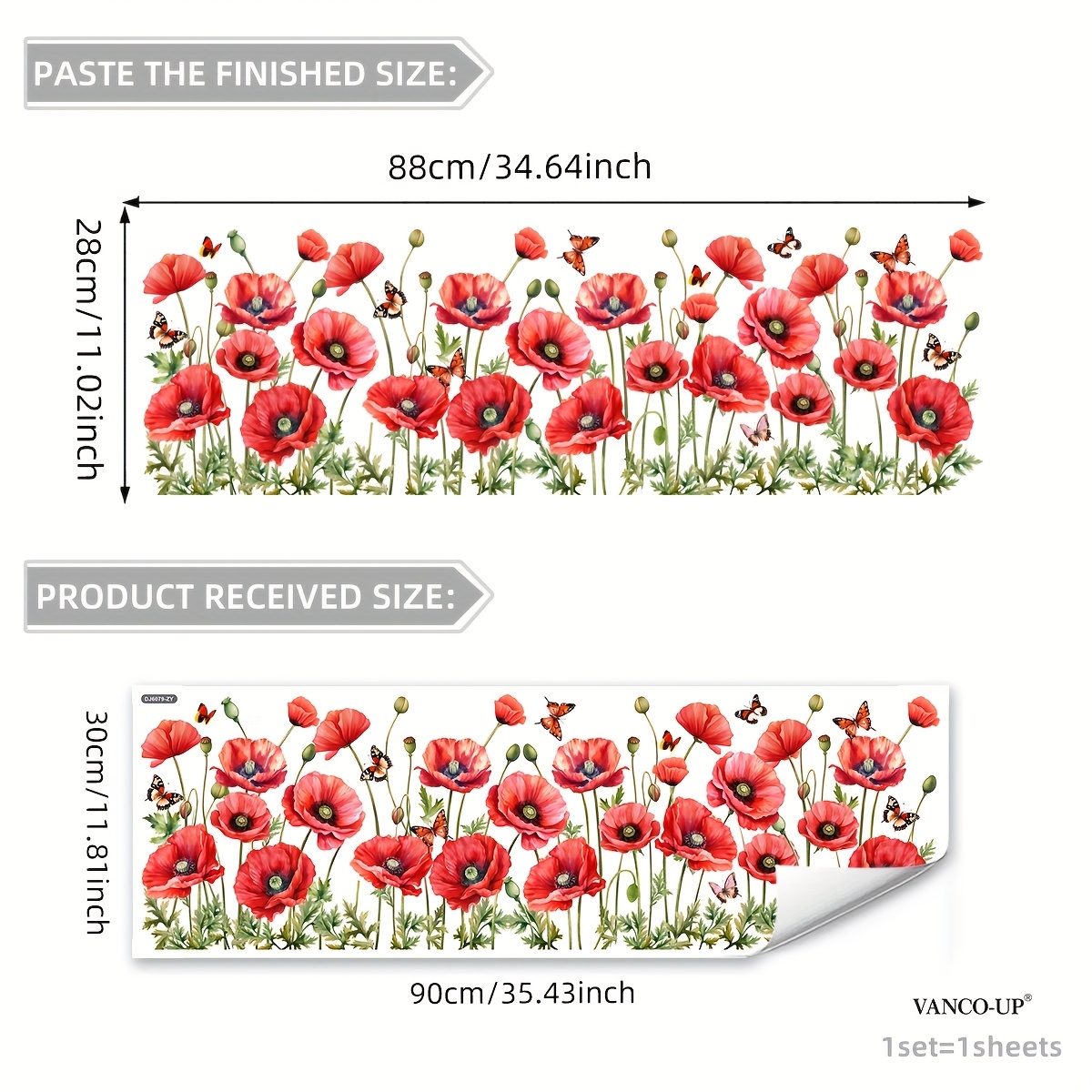 Image of 1 30*90cm Red Poppy Flower Decorative Static Cling Sticker | Contemporary Style, Pvc Material, Single Use, 5mil Thickness For Living Room And Bedroom Windows