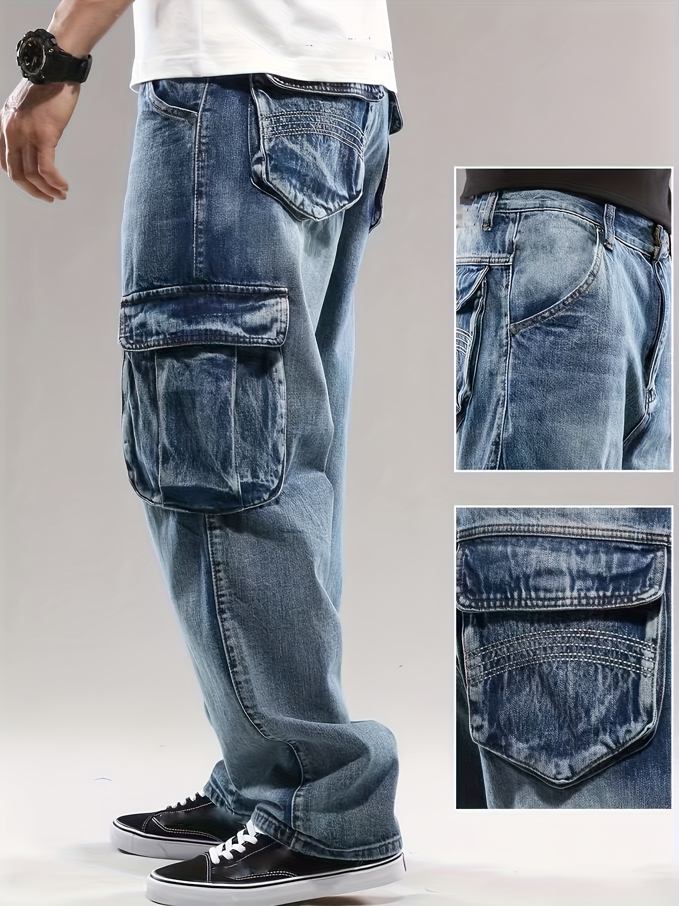 mens vintage straight leg cargo jeans distressed denim - Temu Peru