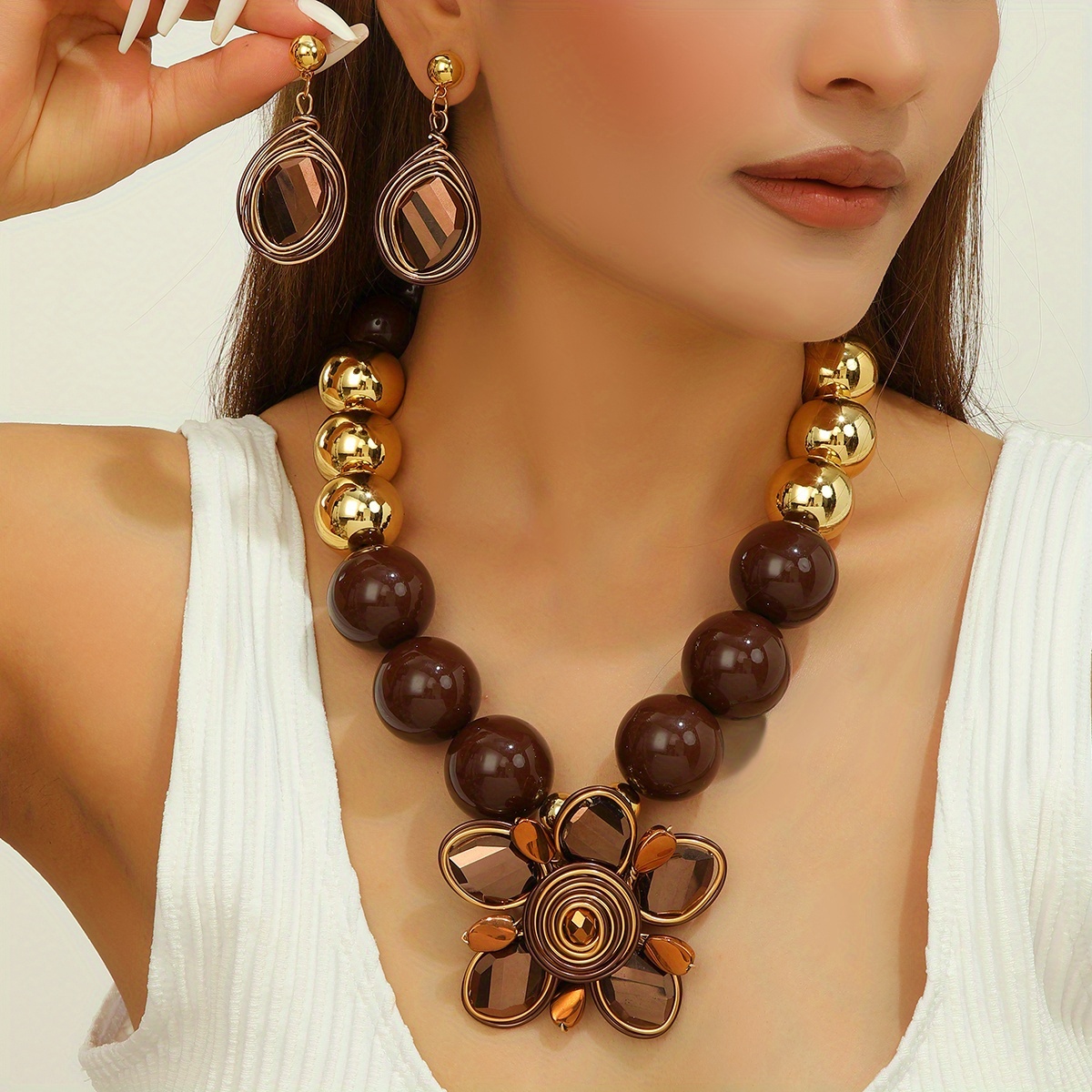 TEMU 2pcs Style Floral Element Winding Geometric Cut Necklace Earring Set, Fashionable And Versatile Accessory.