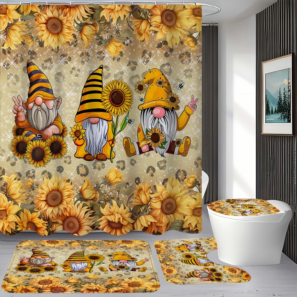TEMU 1/4pcs Sunflower, Set Of 3 Dwarf Patterned Shower Curtains, Including Waterproof Shower Curtains, Non Slip Floor Mats, Toilet Seat Covers, And