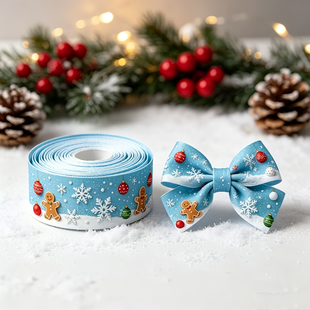 TEMU Élégant Cadeau Thème Homme Pain d'épices et de Neige Thème Noël Ruban Côtelé, Convient pour les Ajouts de Cheveux, Emballage Cadeau, Décoration