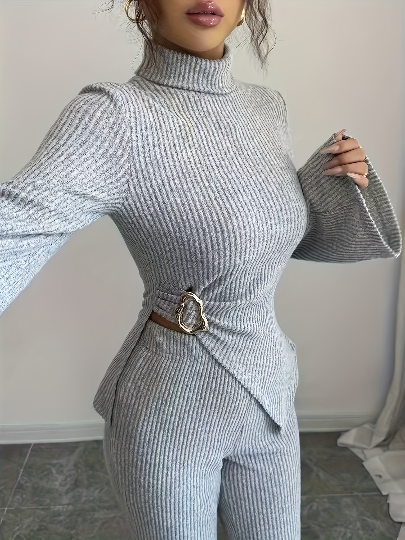 womens autumn winter fleece lined high neck asymmetrical hem long sleeve pants suit elegant solid   Product details 2