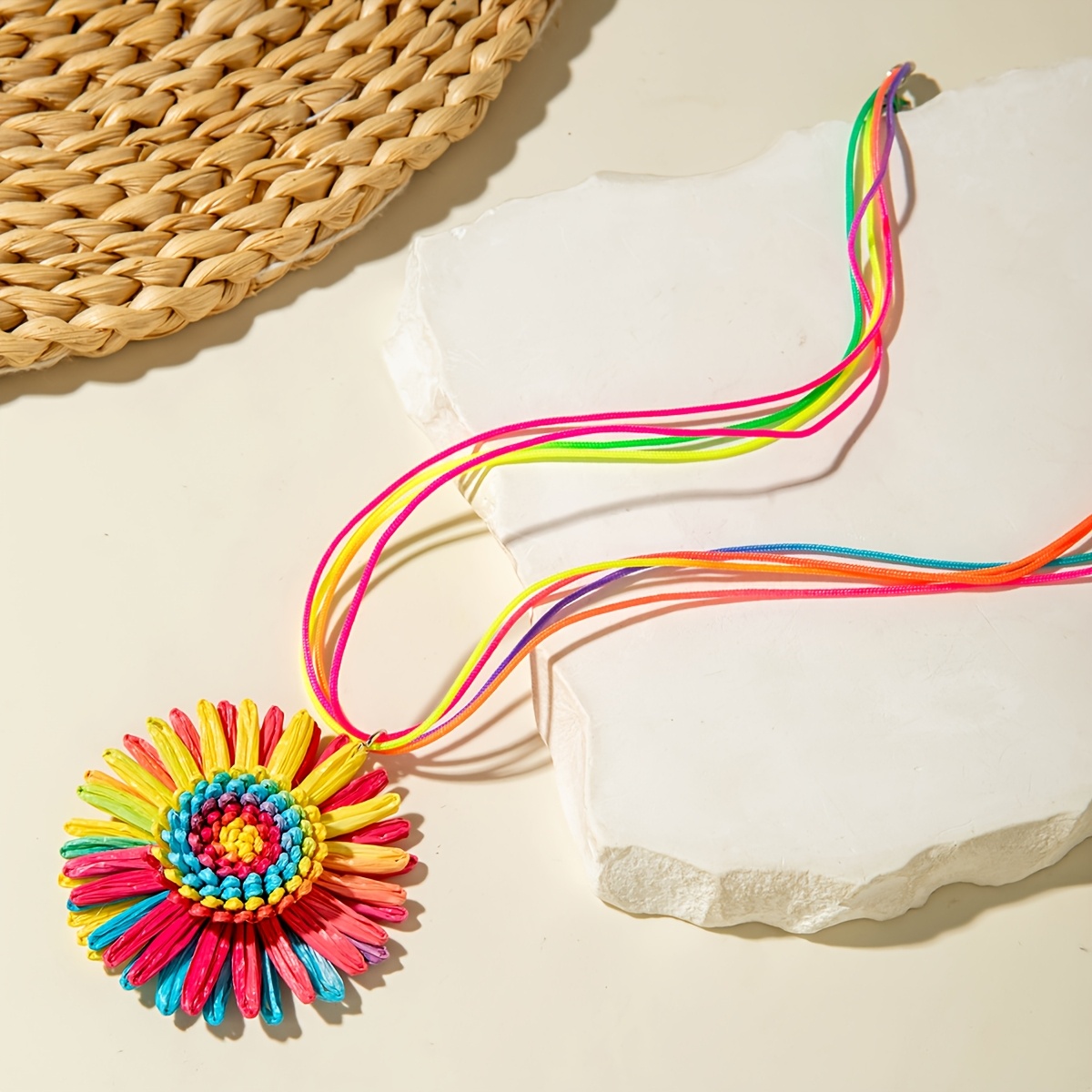 Women's Colorful Dopamine Raffia Grass Flower Pendant Necklace