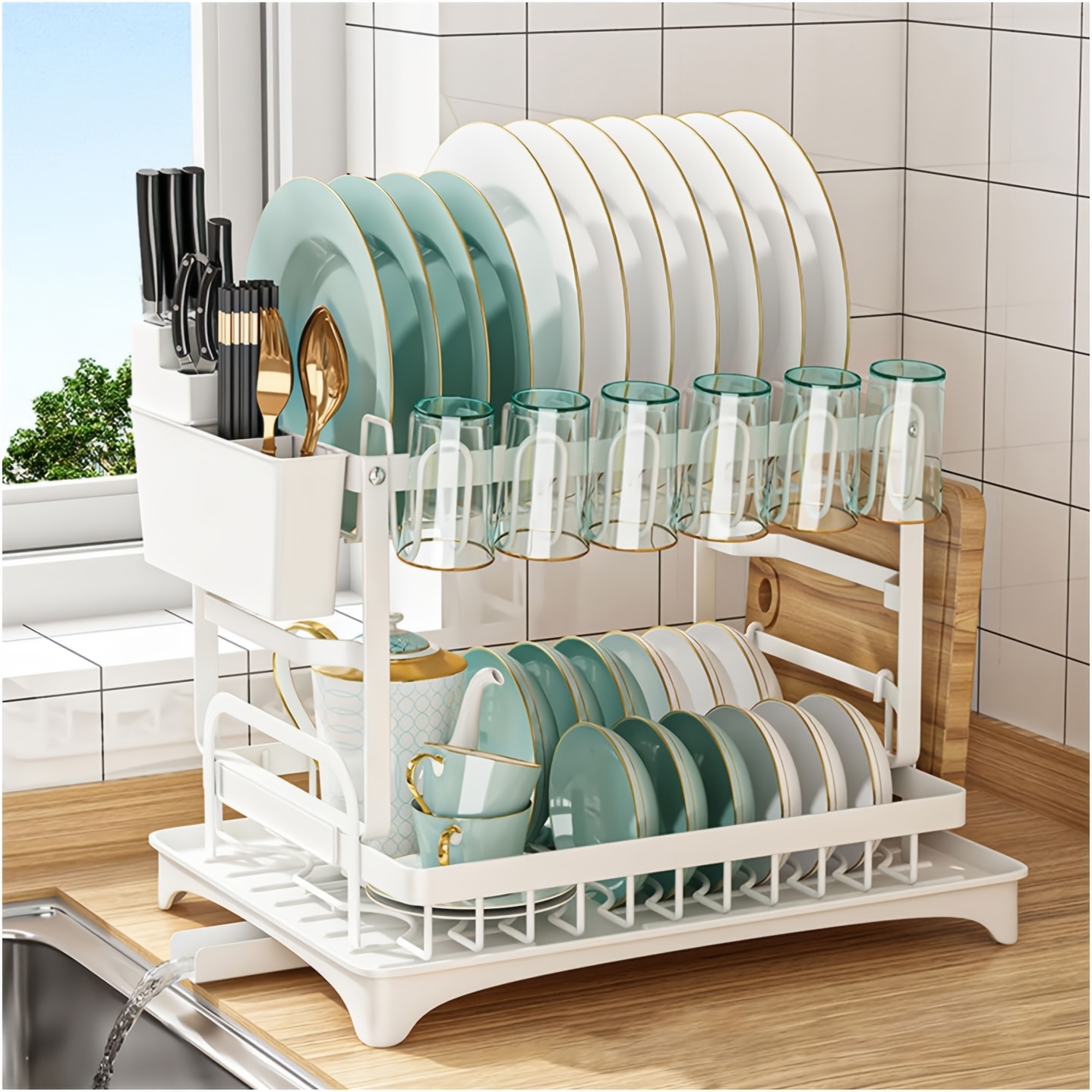 multifunctional dish rack organizer   2 tier dish drying rack with drainer plate space saving for   wooden cutting boards modern kitchen shelf durable metal construction kitchen organizer free cleaning cloth   rack organizer with cover   dish drying rack dish drying rack inside sink dishes organizers and storage over the sink dish rack cutlery storage   sturdy organizer apartment living small kitchens Product details 5