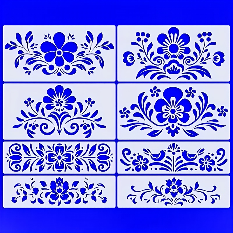 TEMU Un juego de 8 plantillas de pintura de ramo popular, que 4 hojas que miden 17.78X35.56 cm y 4 hojas que miden 10.16X35.56 cm, reutilizables para