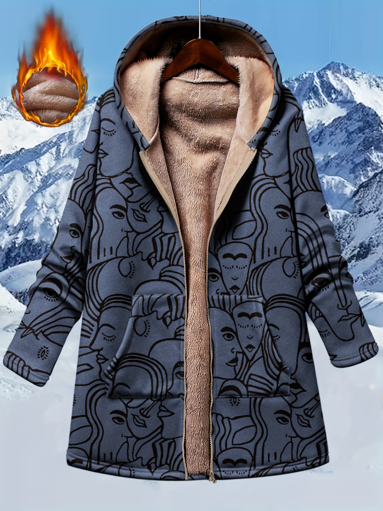 gemütliche damen kapuzenjacke fleecefutter vintage geometrie