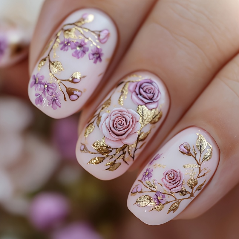 TEMU Ein Set aus 24 romantischen, aufdrückbaren Nägeln für die Hochzeitssaison im Frühling und Sommer, mit Designs mit rosa Rosen und violetten