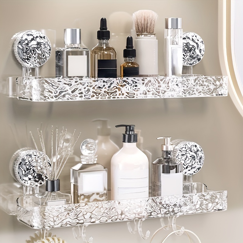 

Bathroom Shelf With Suction Cup, No Drilling, Wall-mounted Organizer For Restroom, Washroom Storage Rack, Storage Shelf With Elegant Pattern Design