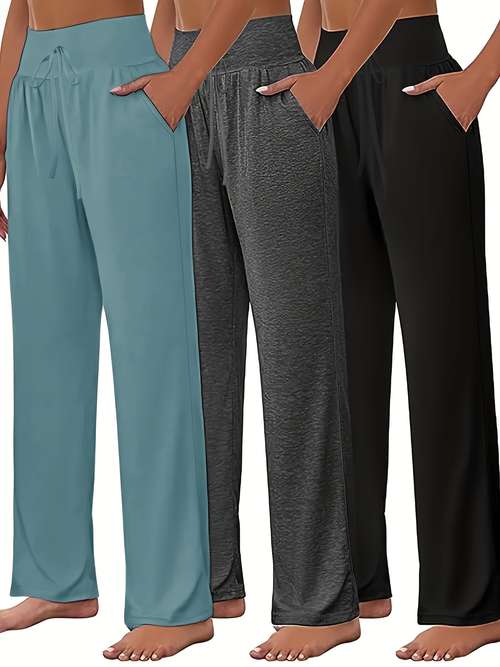 3 Packs Plus Size Solid Straight Leg Pants, Casual Drawstring Elastic Waist Pants, Women's Plus Size Clothing