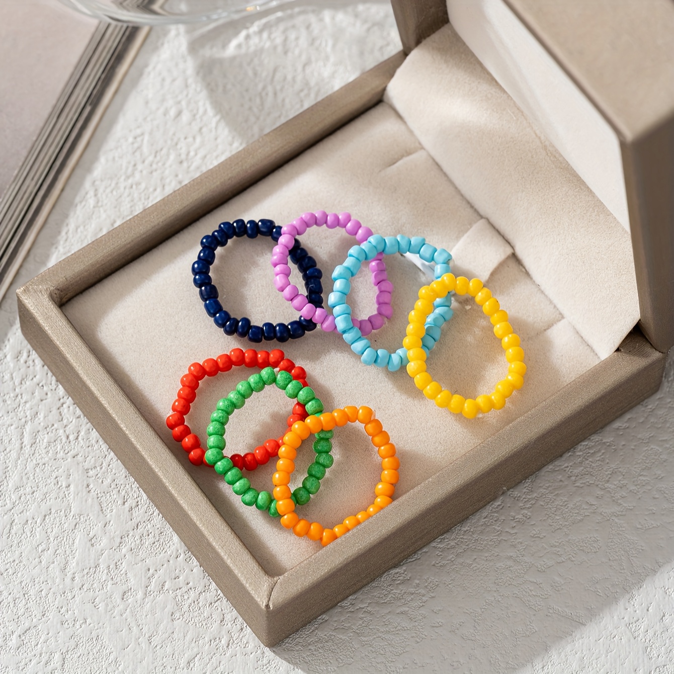 7pcs Boho Beaded Stretch Ring Set for Women - Colorful Elastic Rings