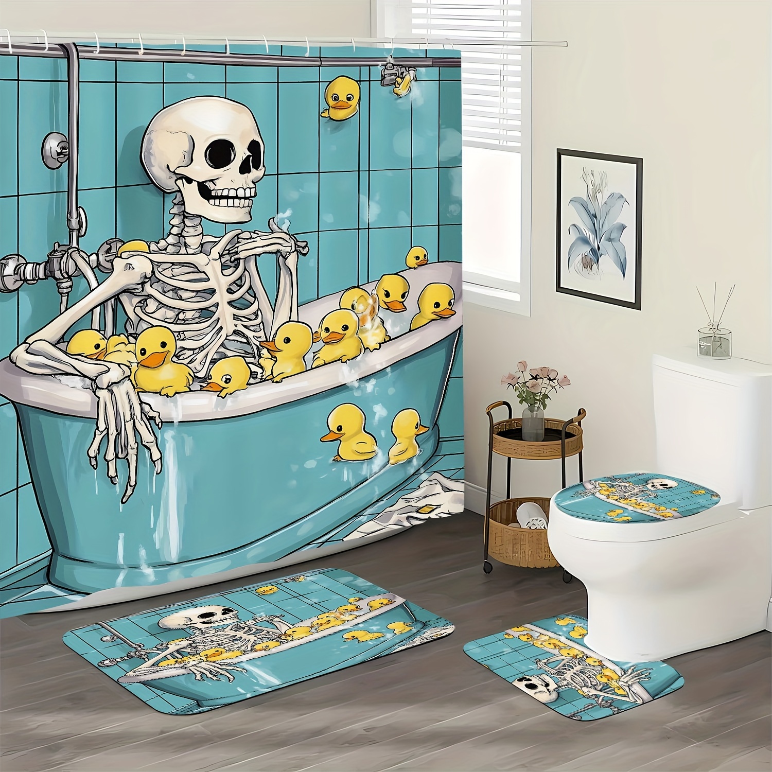 

1pc/4pcs Shower Curtain Set Pattern In A Tub Of Ducks - Bath Mat U-shaped Polyester 71*71 12 Shower Curtain For Bathroom Or Bathtub Decoration