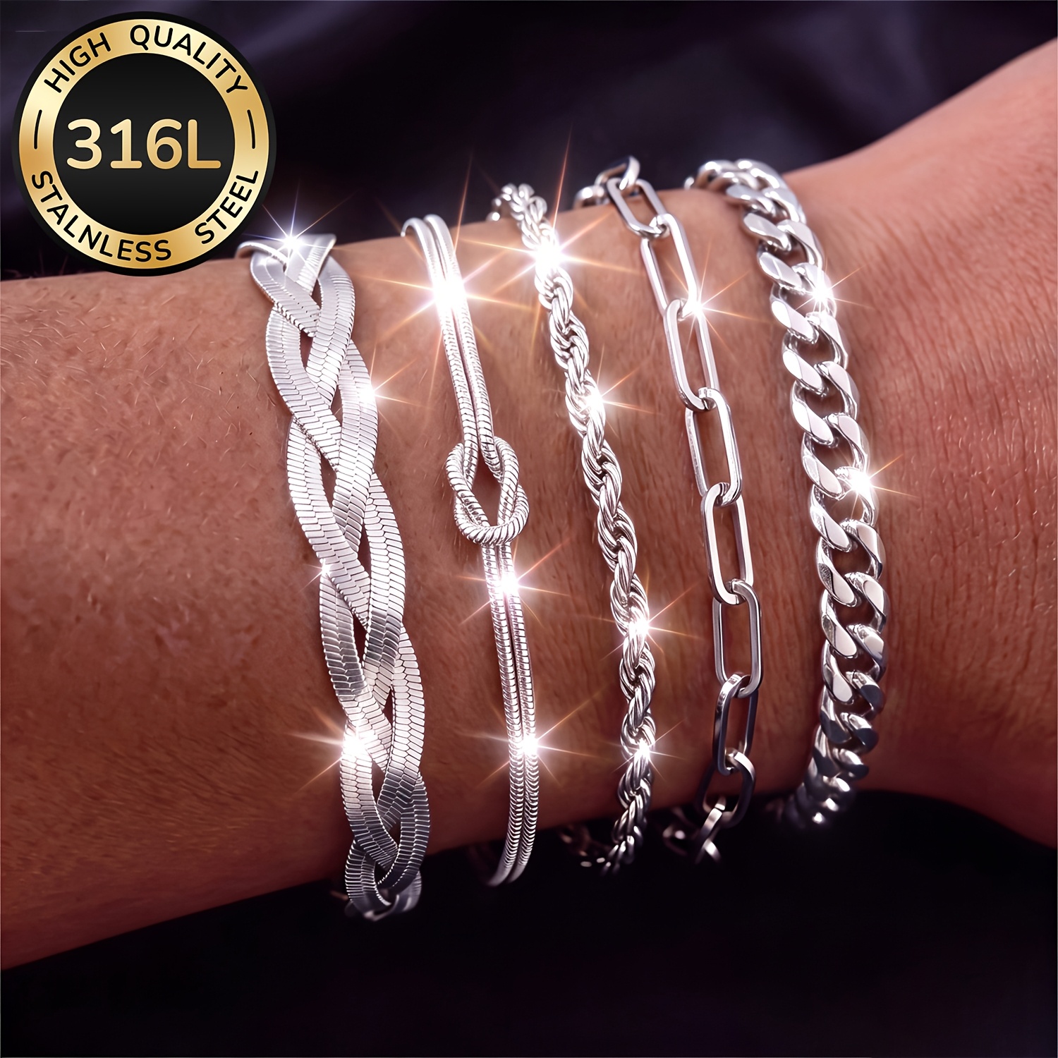 TEMU 5pcs Set Of 316l Stainless Steel Bracelets For Women, Waterproof And Fade-resistant Jewelry, Stylish And Elegant Additions, Perfect For Daily