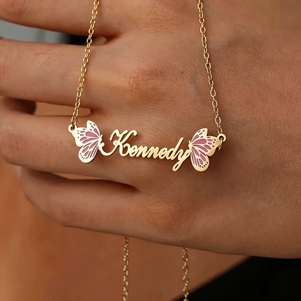 Custom Name Golden Colorful Butterfly Necklace, Personalized